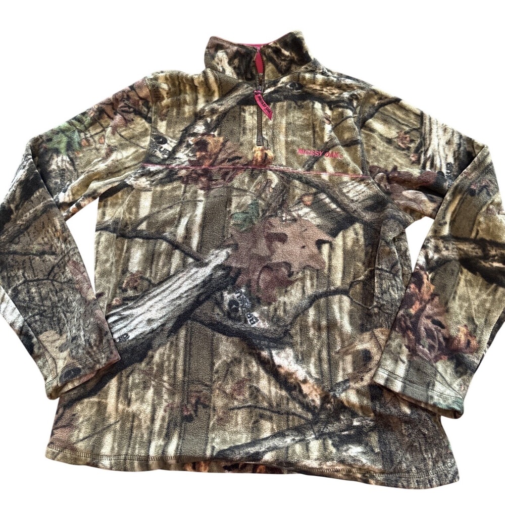 Mossy Oak Fleece‎ Pullover Women L 12-14 Camo Excellent Quarter Zip Pink Accent